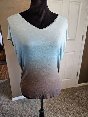 Women's Ombre V-Neck Short Sleeve Top - Blue to Brown